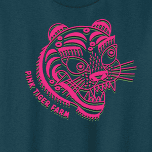 Pink Tiger Farm Multicolor Logo on Midnight Color Gilden 100% Cotton T-Shirt -close up image