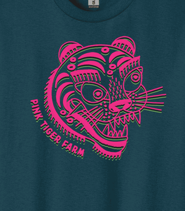 Pink Tiger Farm Multicolor Logo on Midnight Color Gilden 100% Cotton T-Shirt -close up image