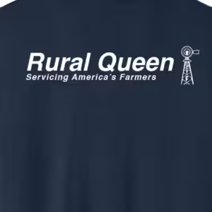 Three t-shirts in three different colors with Rural Queen logo and tag line Servicing America's Farmers.
