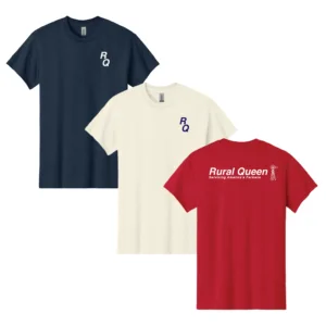 Three t-shirts in three different colors with Rural Queen logo and tag line Servicing America's Farmers.